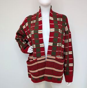 Men's Retro Red, Green, & Orange Plaid Open Style Shawl Collar Cardigan Sweater